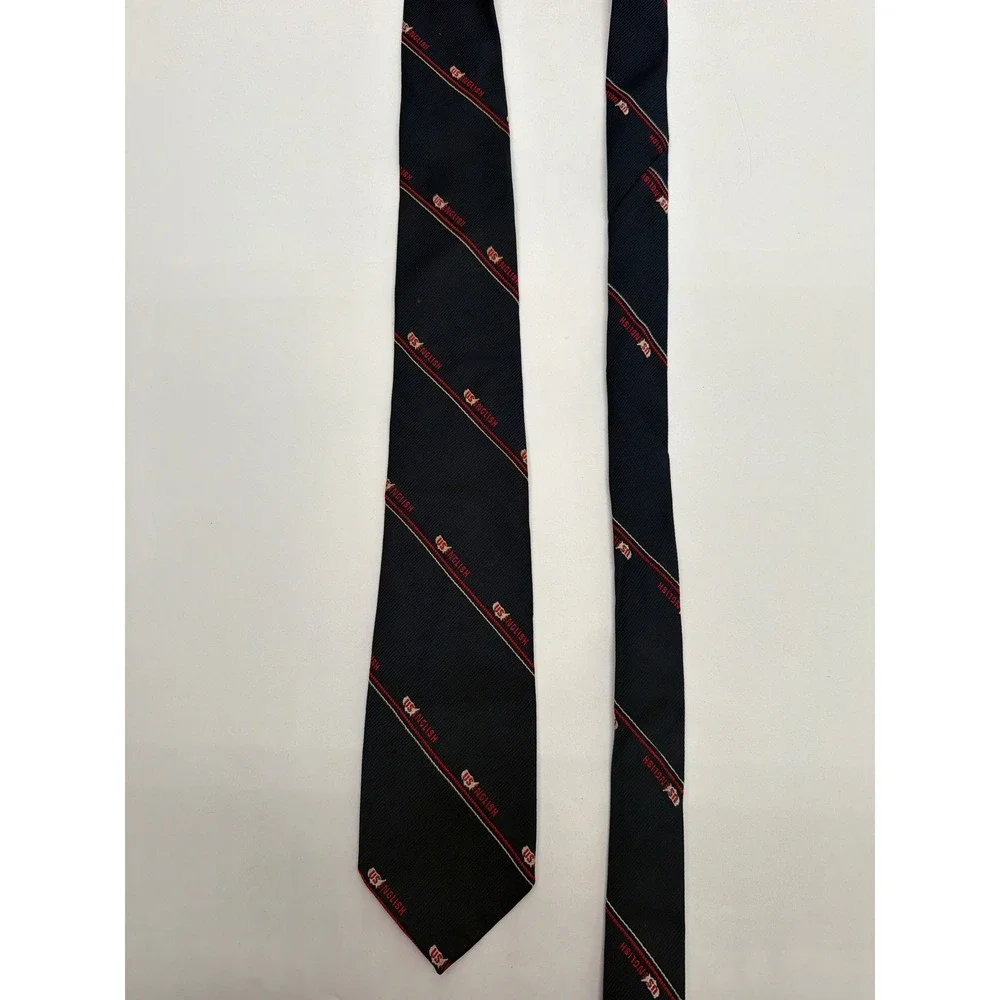 Michael Bruce Creation Mens Navy Blue US English Logo Striped Silk Blend Tie